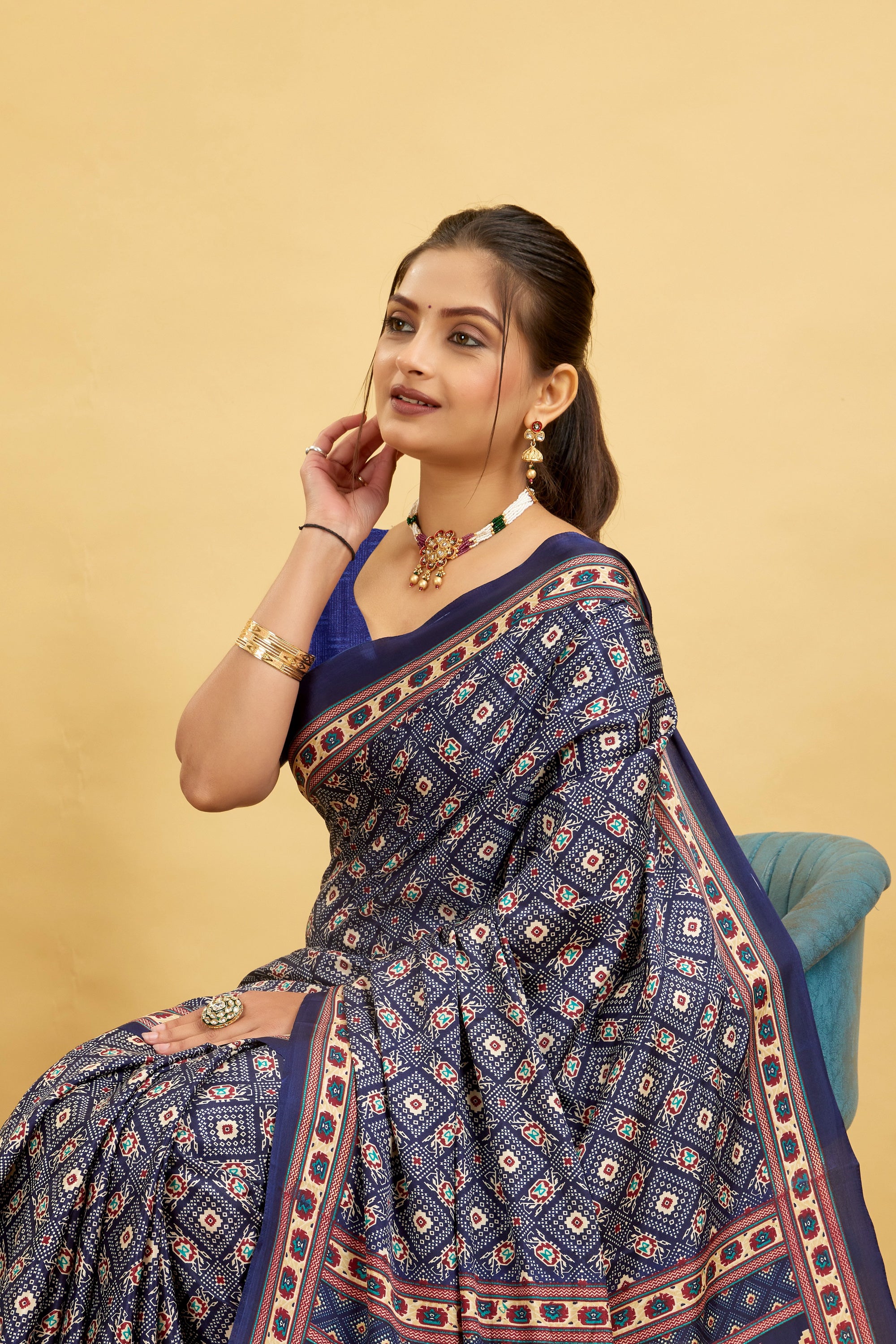 Navy Blue Printed Gharchola Saree