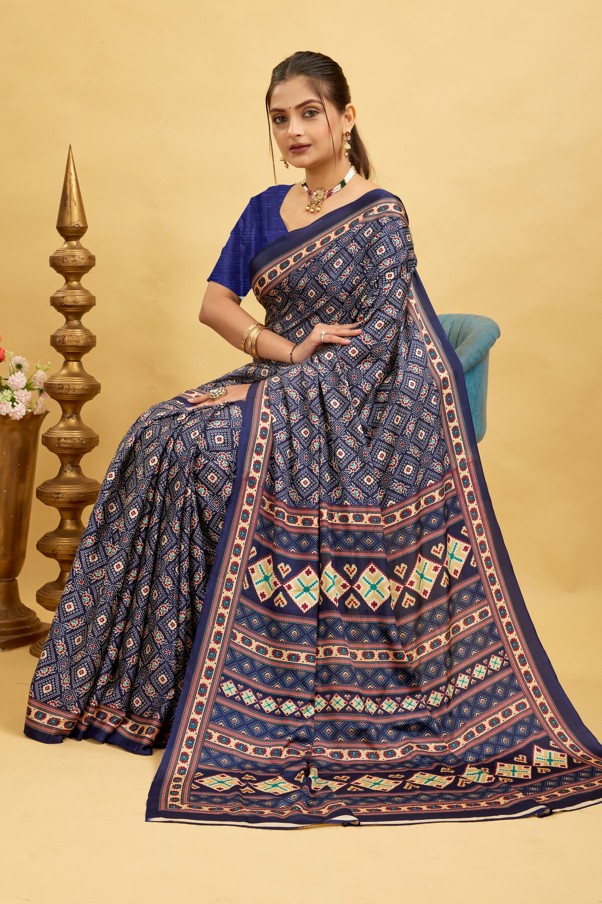 Navy Blue Printed Gharchola Saree