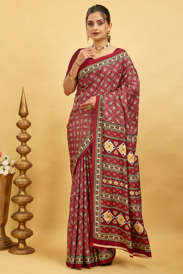Red Silk Crepe Digital Printed Saree