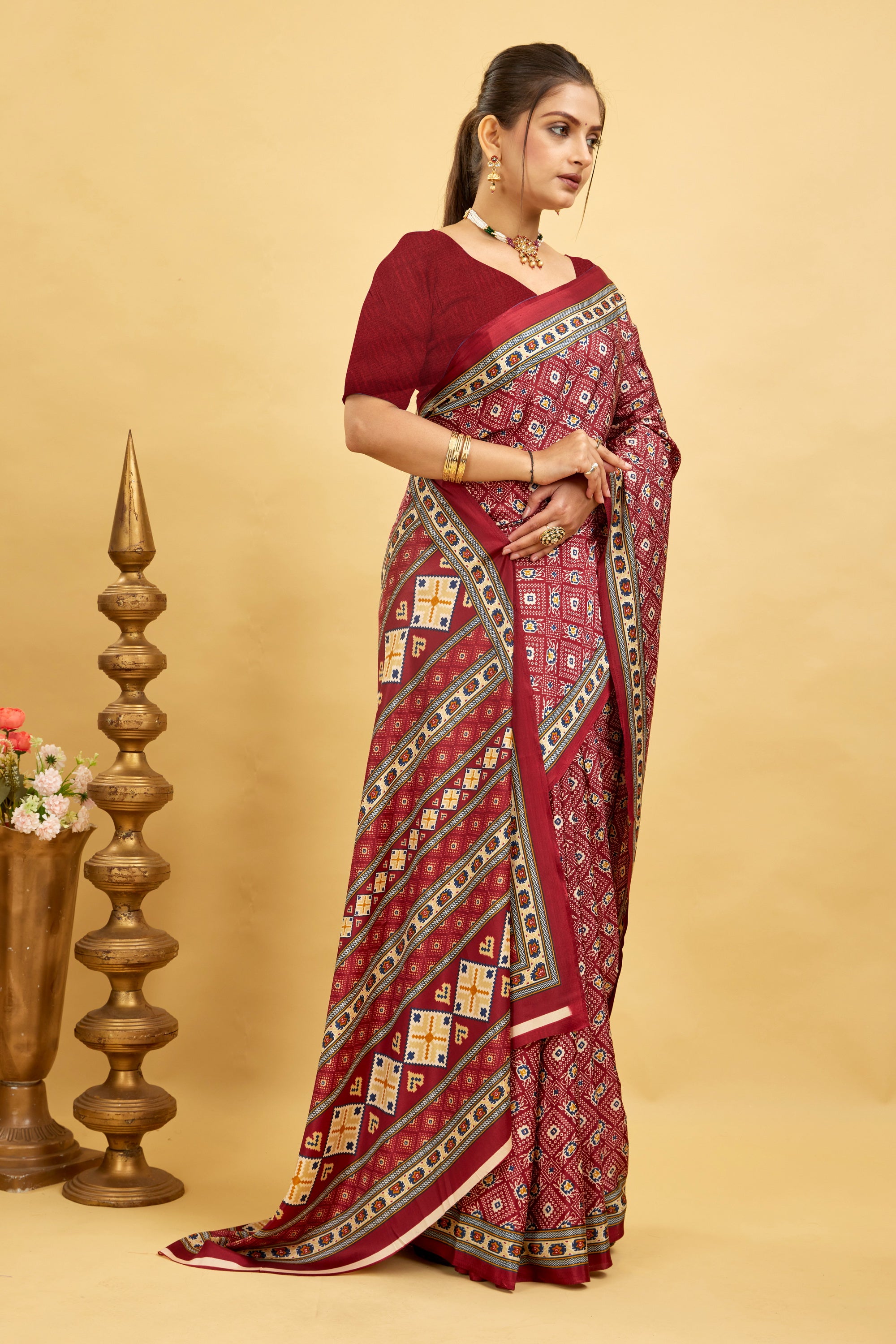 Red Silk Crepe Digital Printed Saree