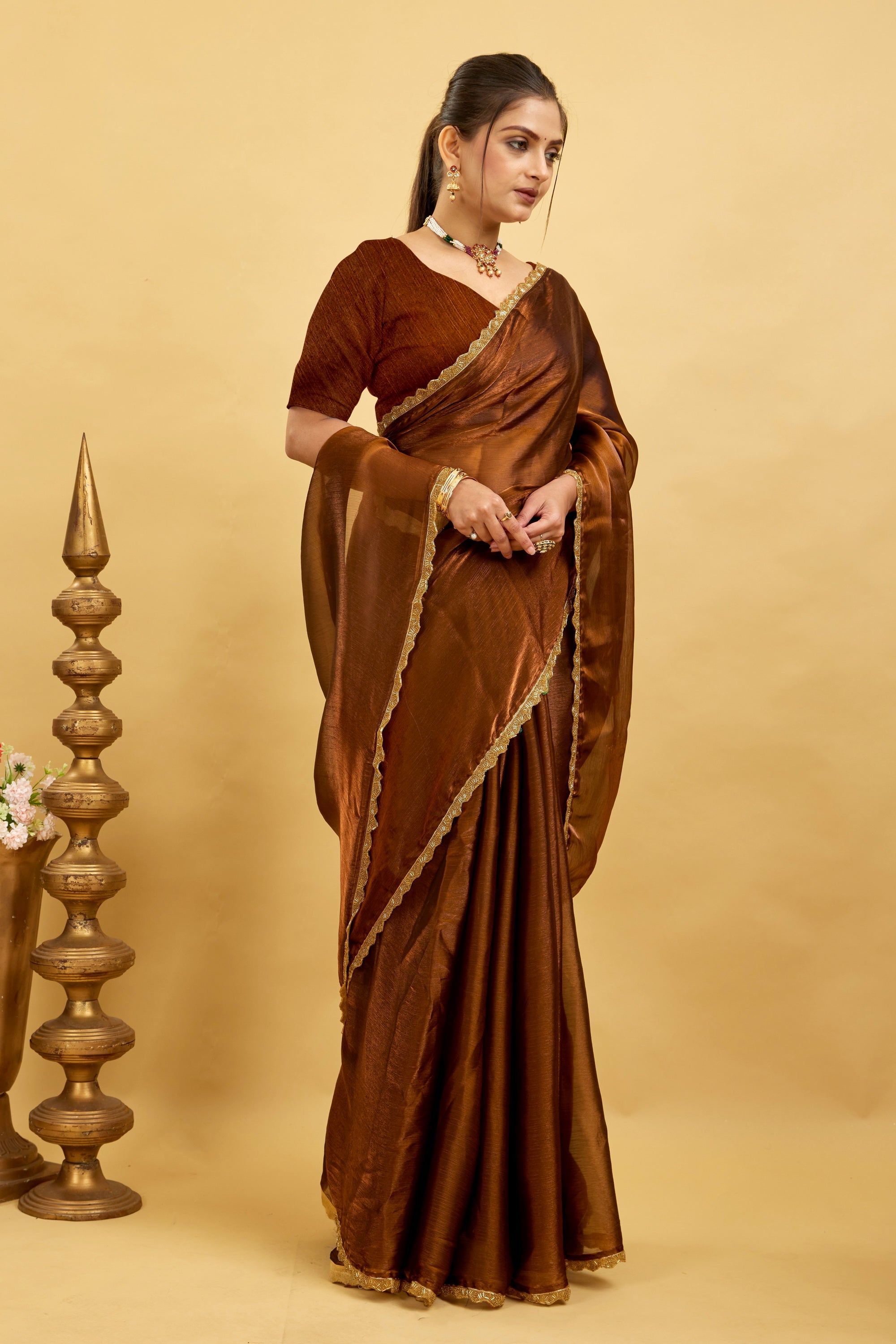 Brown Jimmy Choo Plain Chiffon Saree