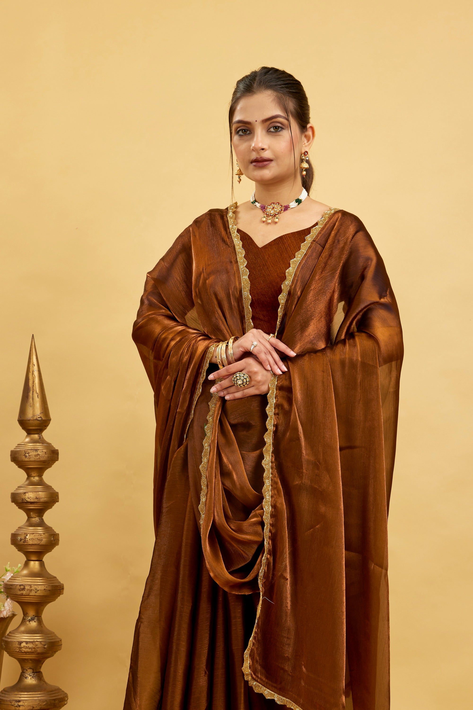 Brown Jimmy Choo Plain Chiffon Saree