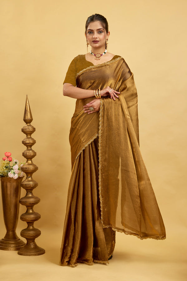 Gold Jimmy Choo Plain Chiffon Saree