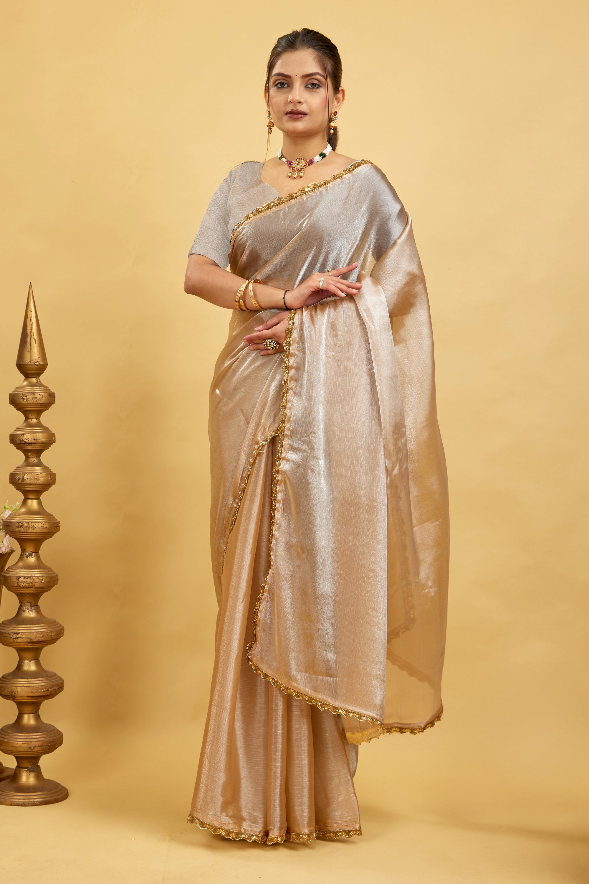 Beige  Plain Chiffon Saree