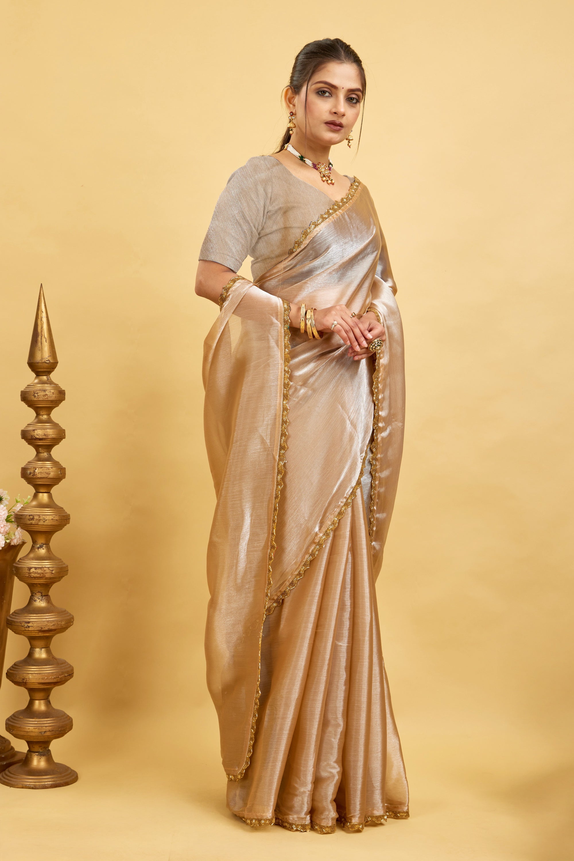 Beige  Plain Chiffon Saree