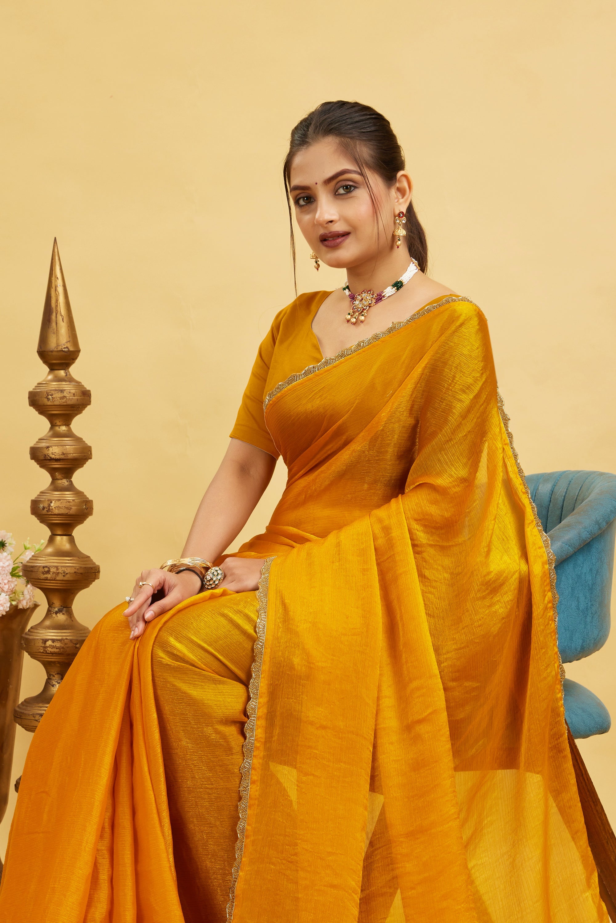 Yellow Jimmy Choo Plain Chiffon Saree