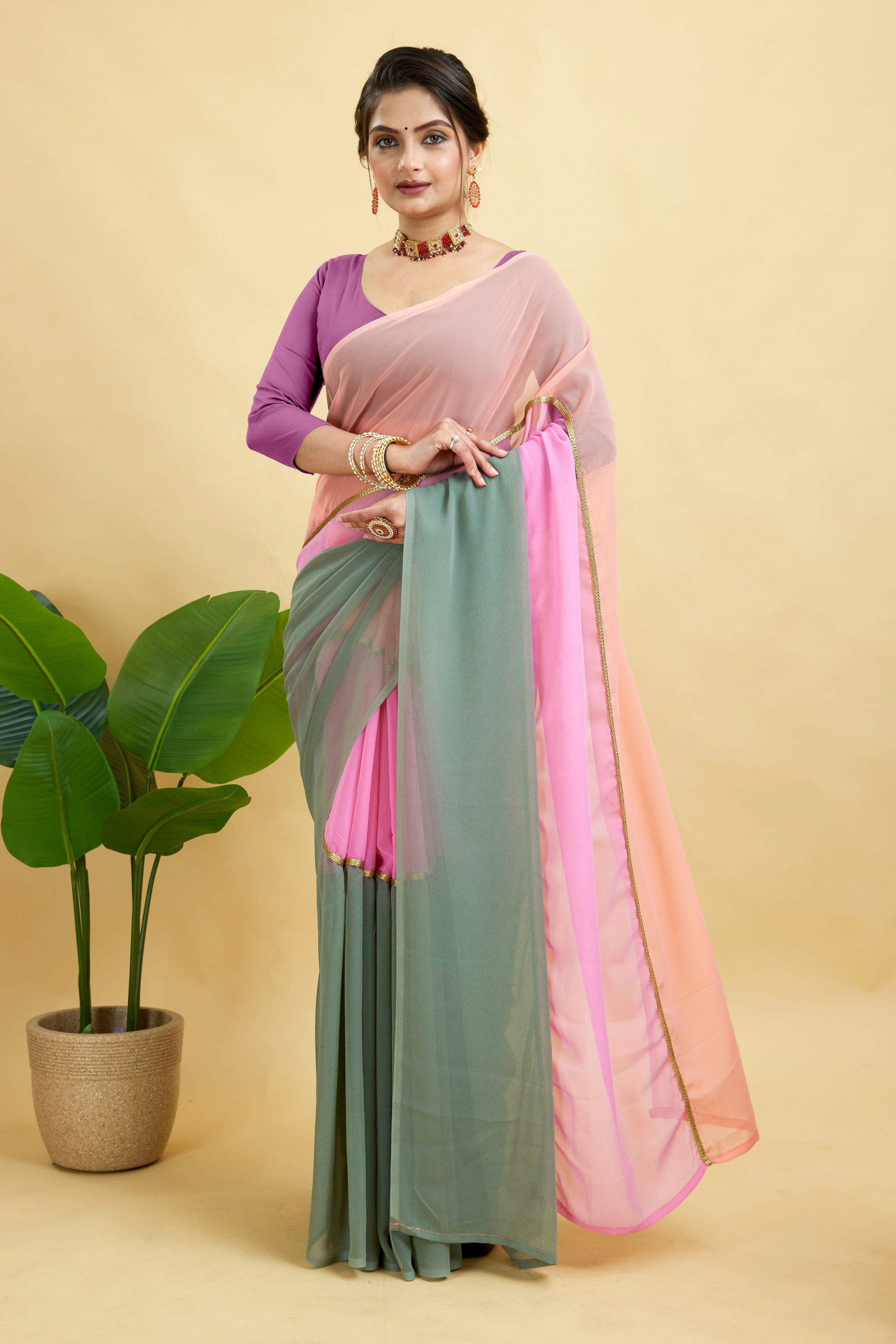 Multi-Toned Plain Georgette Saree