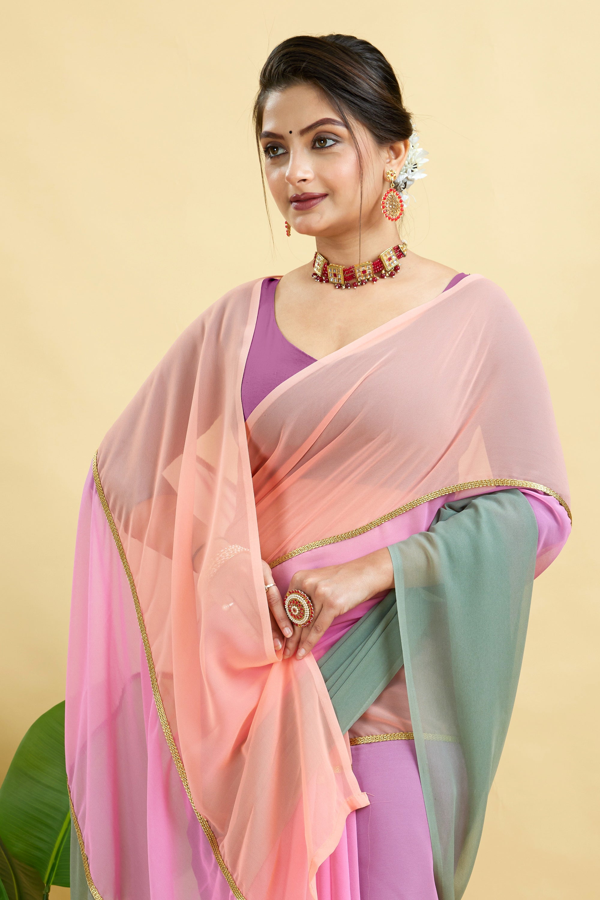 Multi-Toned Plain Georgette Saree