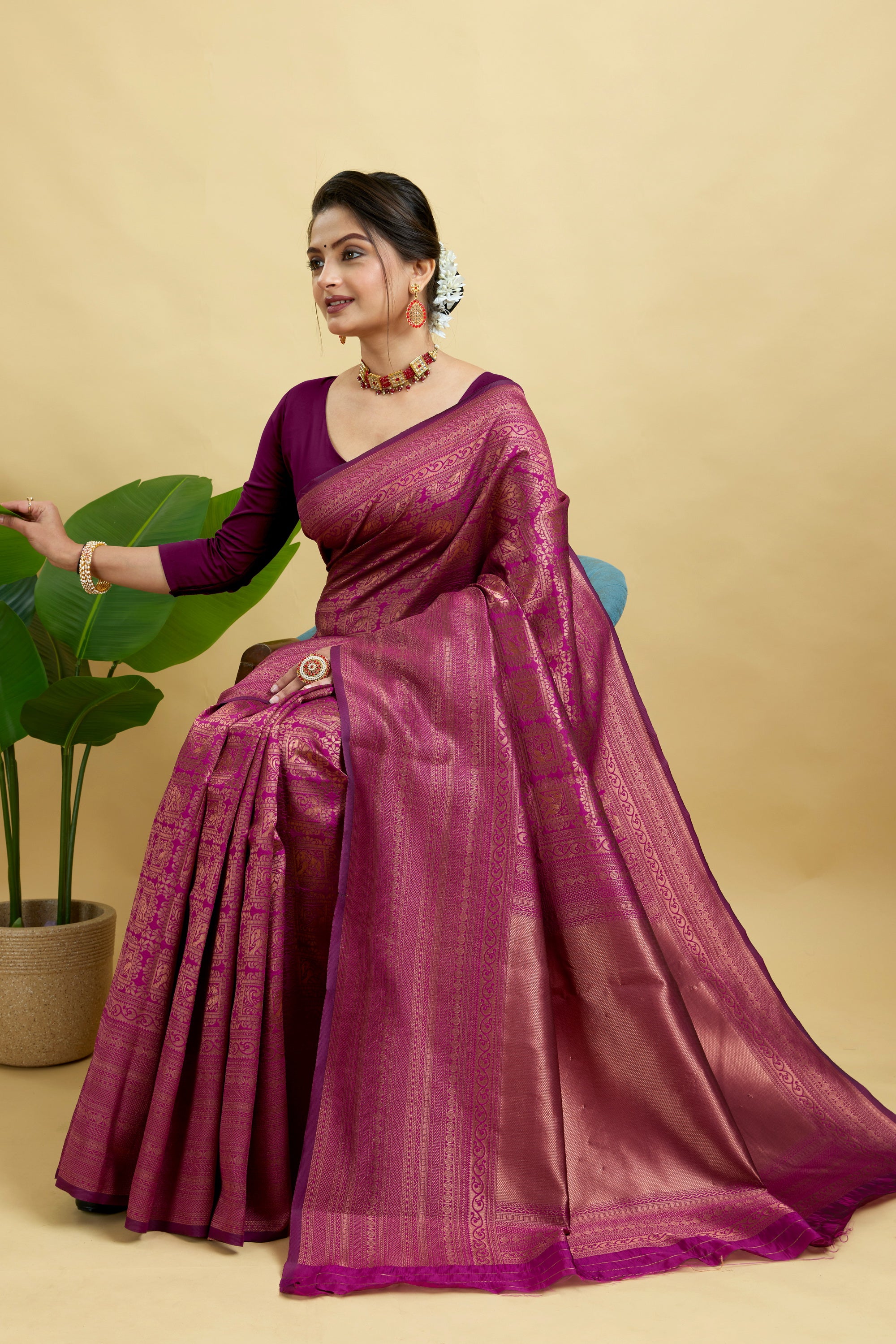 Wine Silk Blend Woven Banarasi Saree