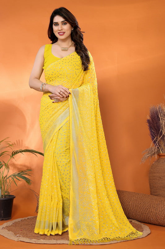 Yellow Foil Work Soft Georgette Saree