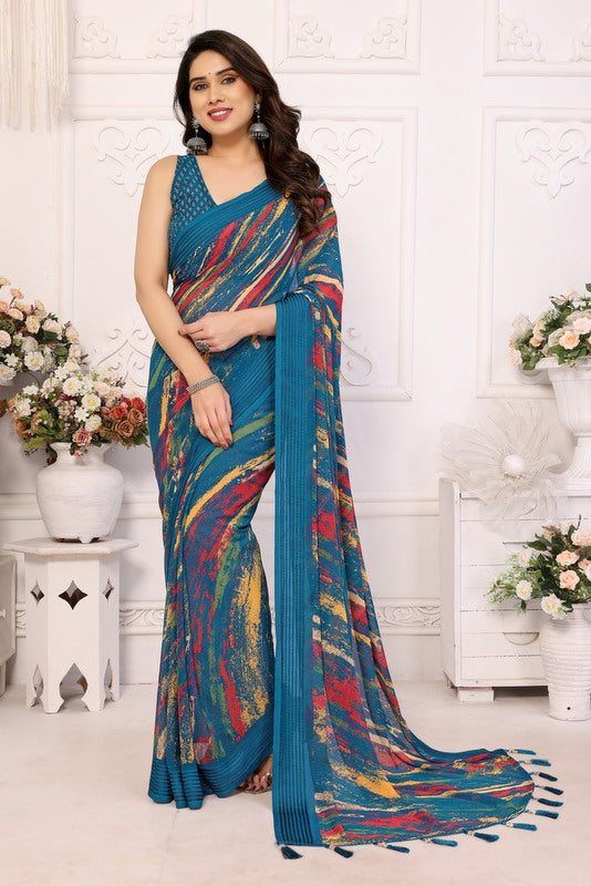 Light Blue Digital Printed Weightless Moss Saree