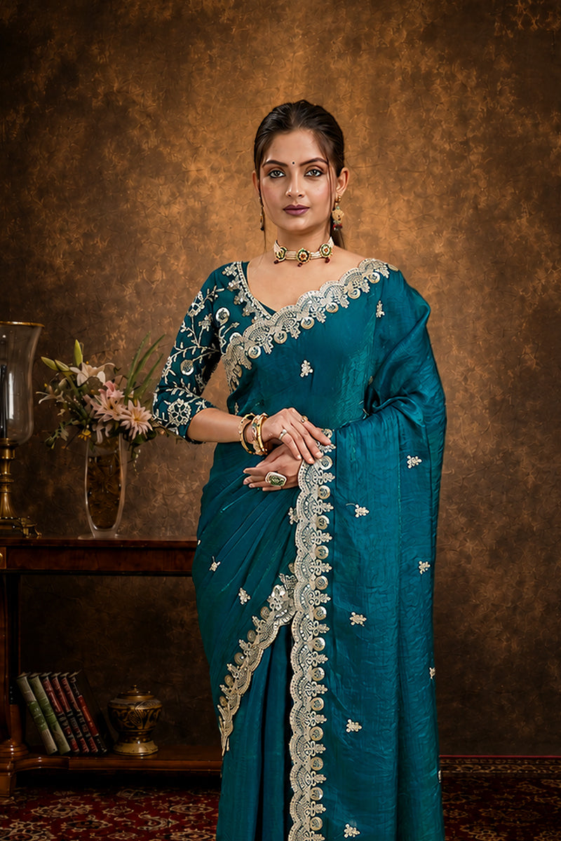 Rama Sequined Embroidered Fancy Chiffon Saree