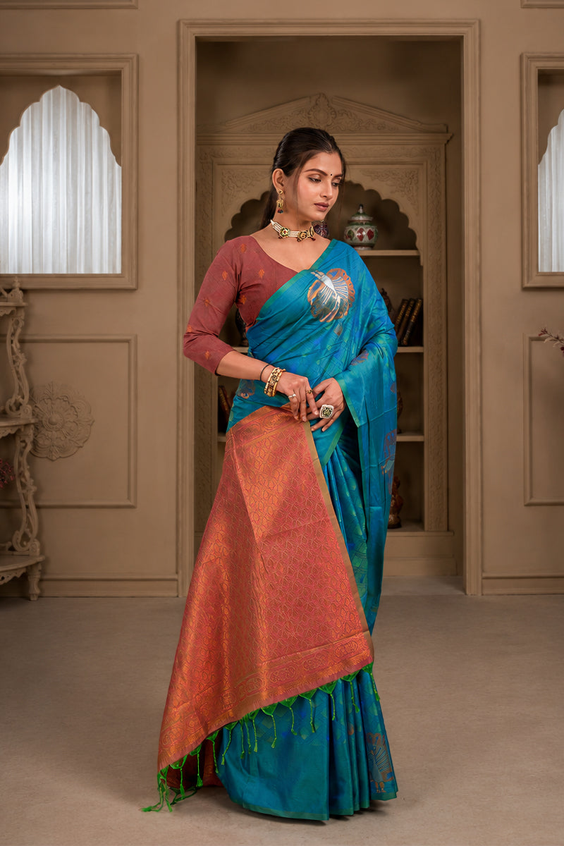 Blue Handloom Woven Banarasi Silk Saree