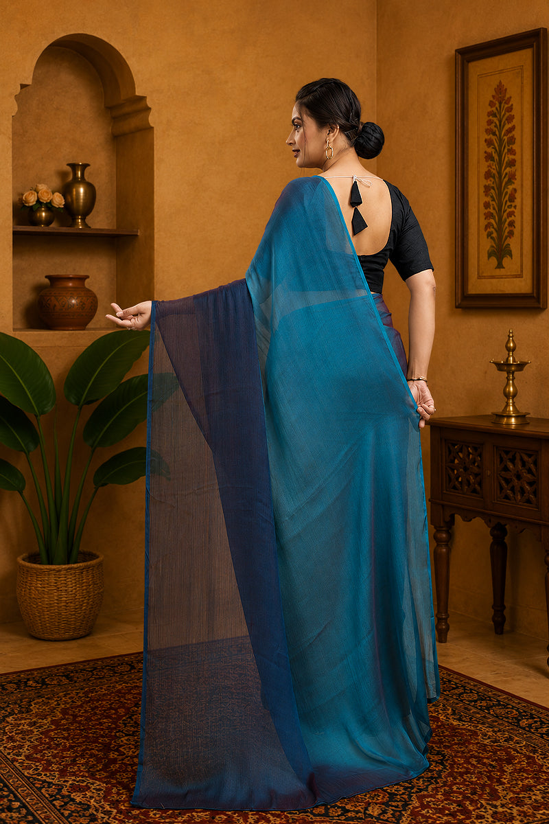 Blue Ready To Wear Two Toned Nylon Silk Saree