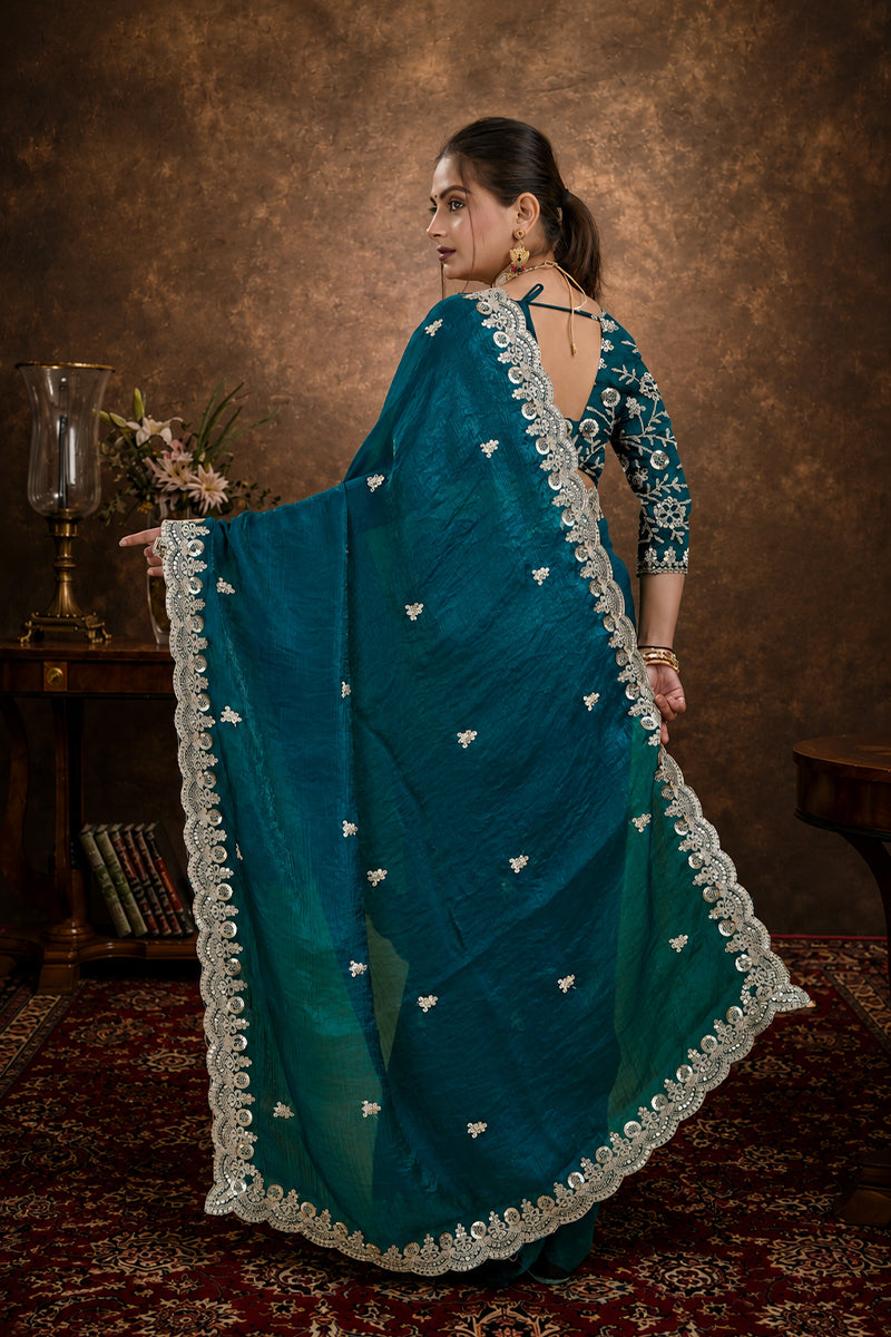 Rama Sequined Embroidered Fancy Chiffon Saree