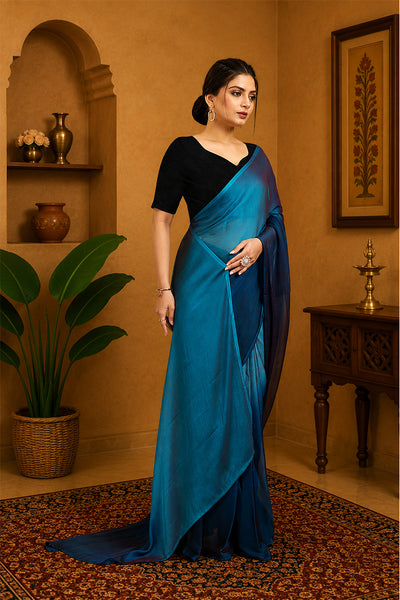 Blue Ready To Wear Two Toned Nylon Silk Saree