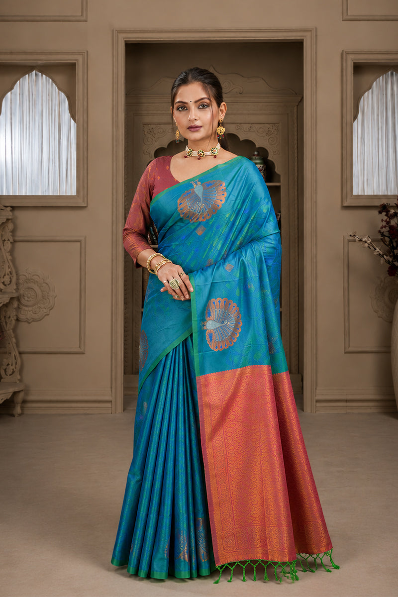 Blue Handloom Woven Banarasi Silk Saree
