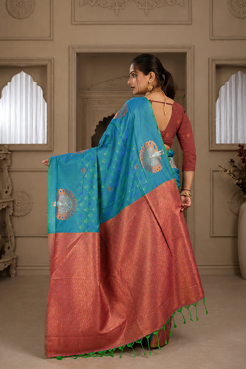 Blue Handloom Woven Banarasi Silk Saree