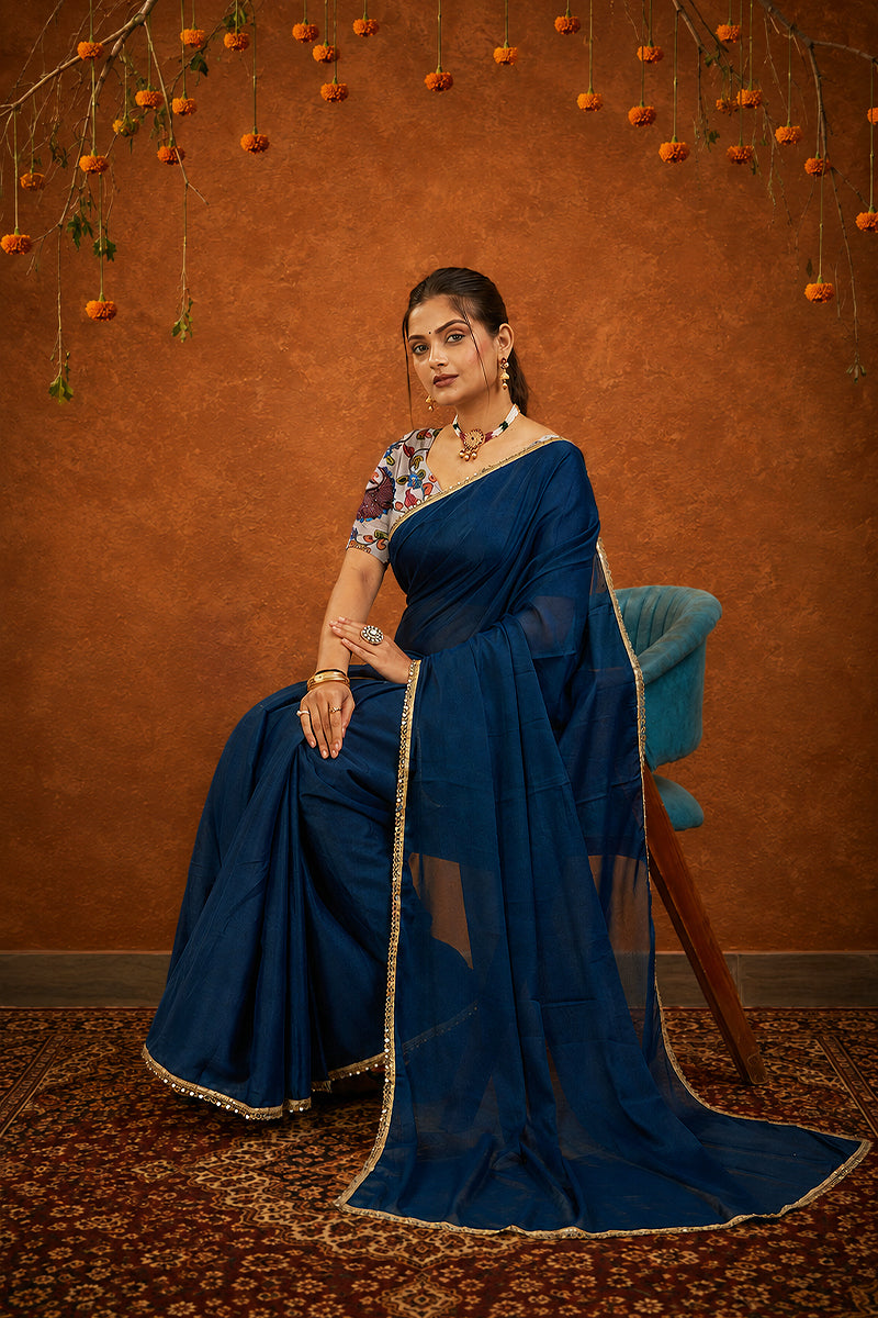 Blue Solid Plain Georgette Saree