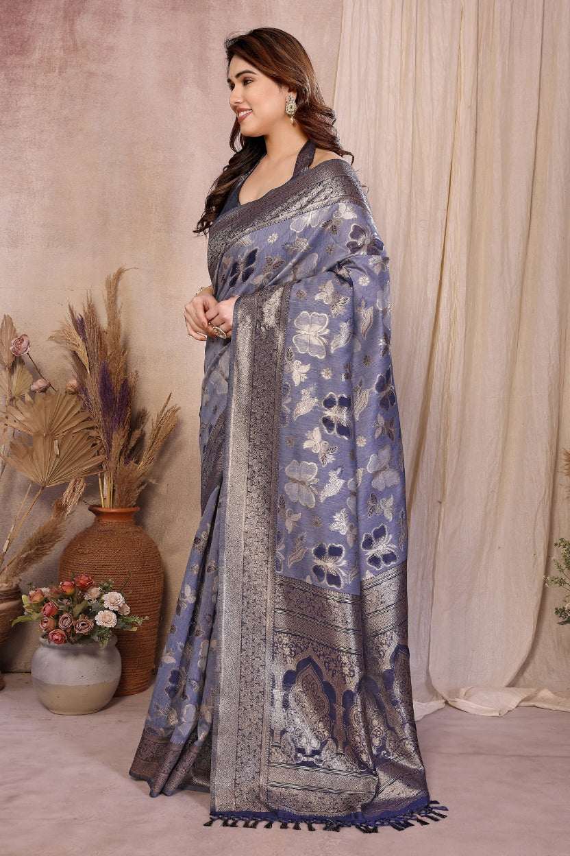 Blue Cotton Blend Jacquard Zari Saree