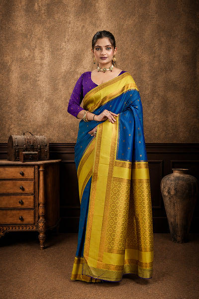 Blue Narayan Border Silk Blend Saree