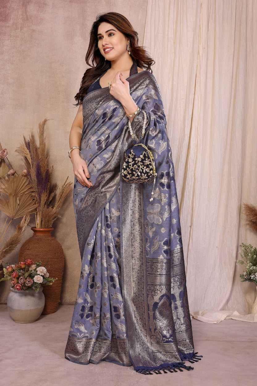 Blue Cotton Blend Jacquard Zari Saree