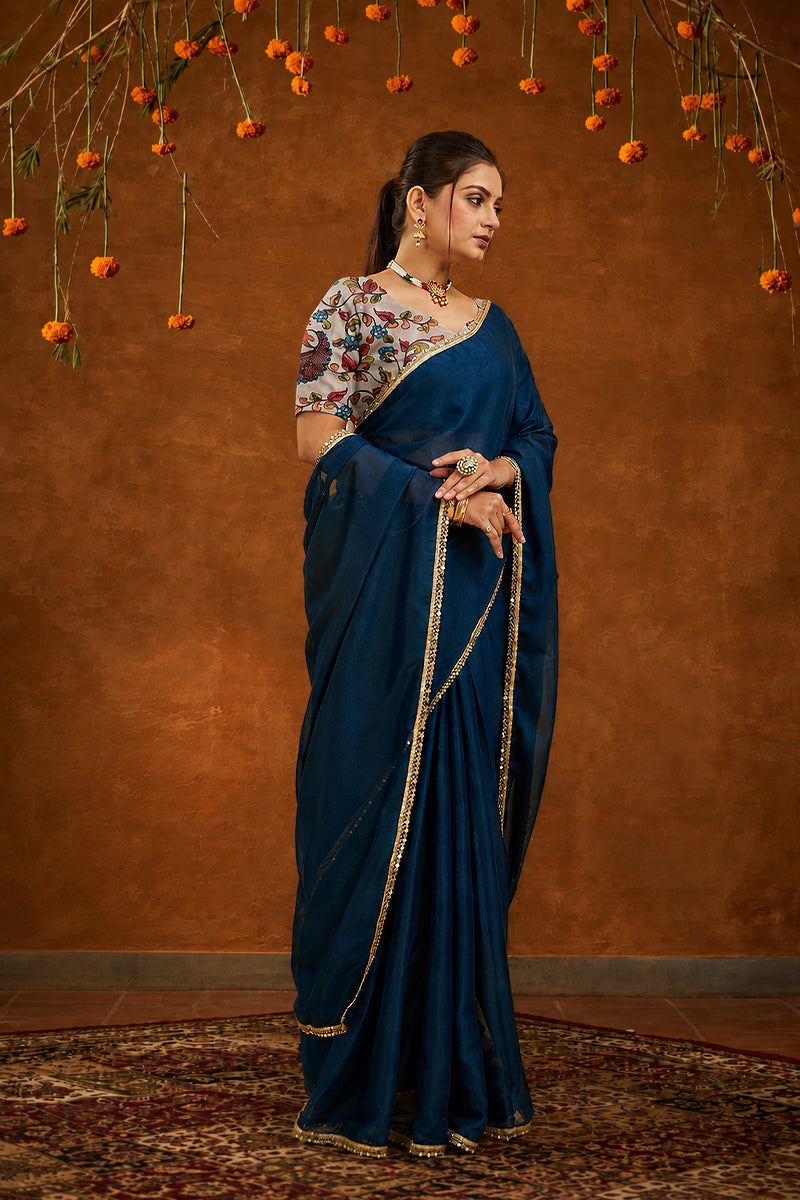 Blue Solid Plain Georgette Saree