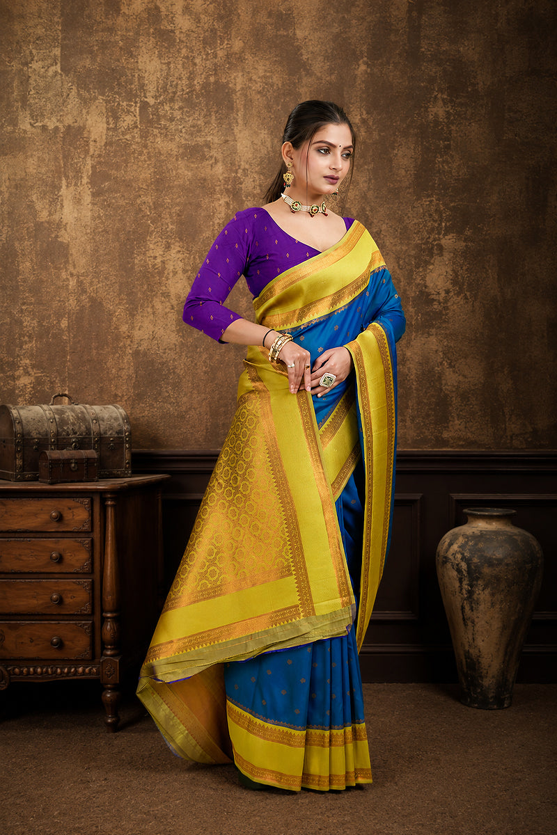 Blue Narayan Border Silk Blend Saree