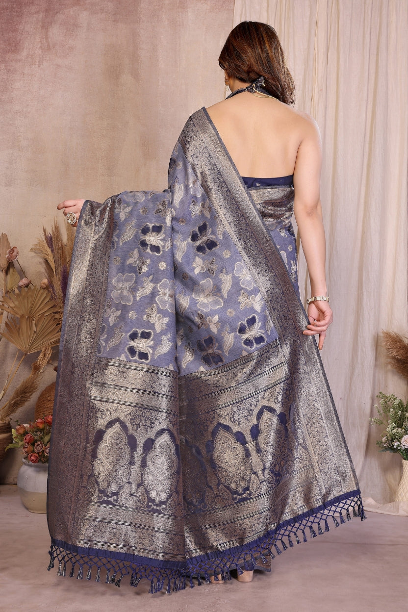 Blue Cotton Blend Jacquard Zari Saree