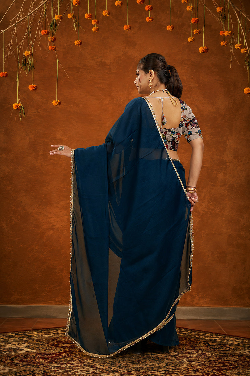 Blue Solid Plain Georgette Saree