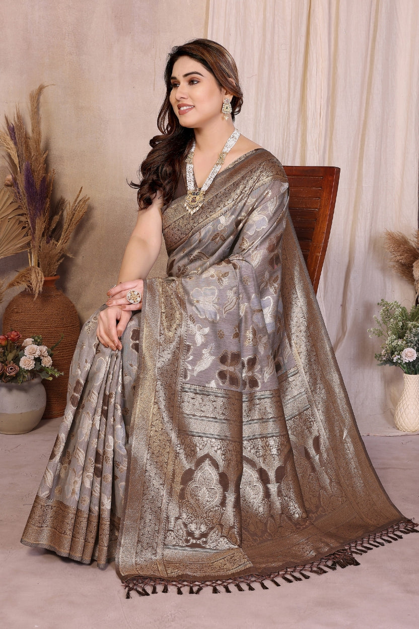 Brown Cotton Blend Jacquard Zari Saree