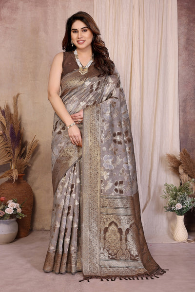 Brown Cotton Blend Jacquard Zari Saree