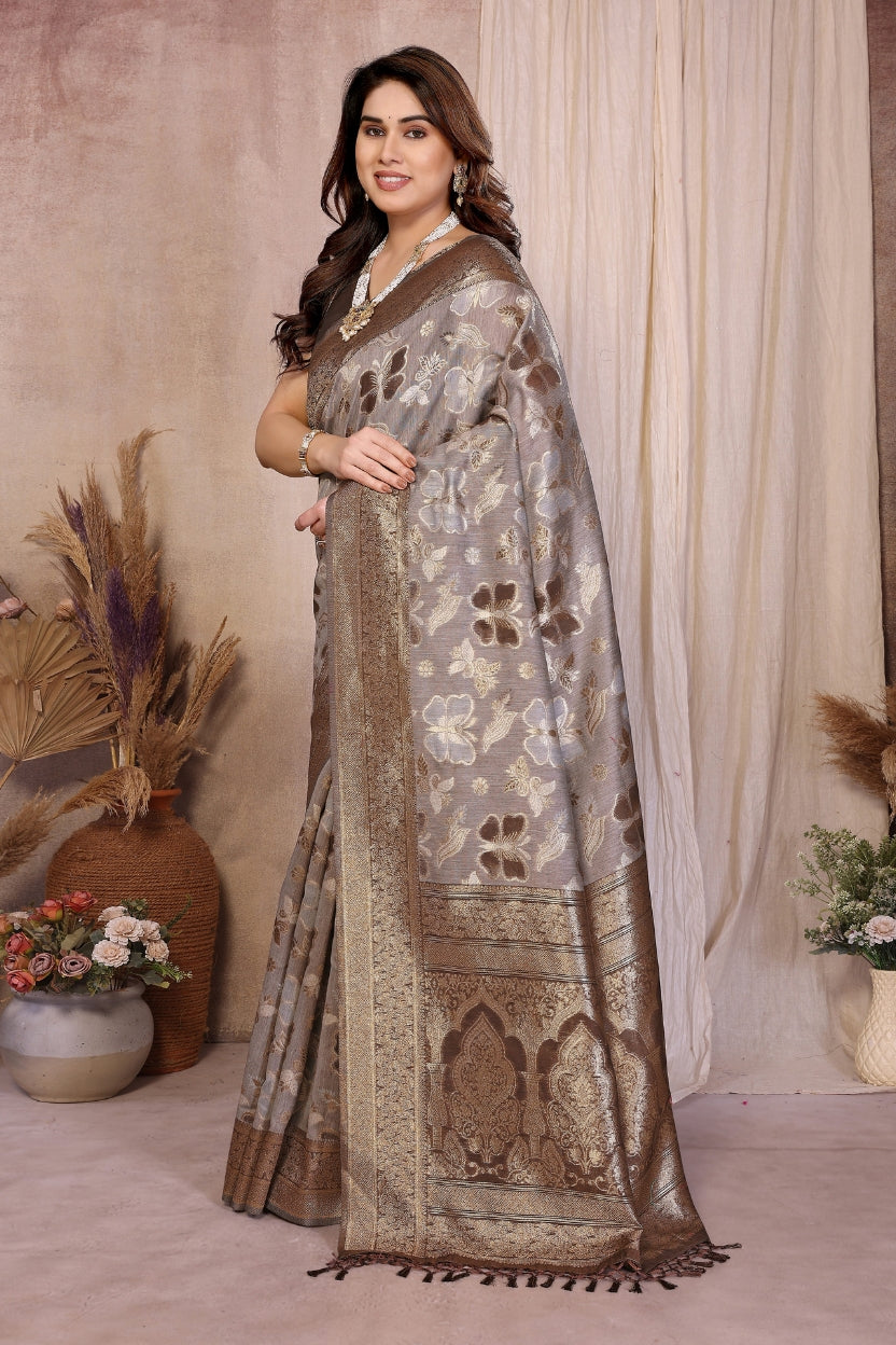 Brown Cotton Blend Jacquard Zari Saree