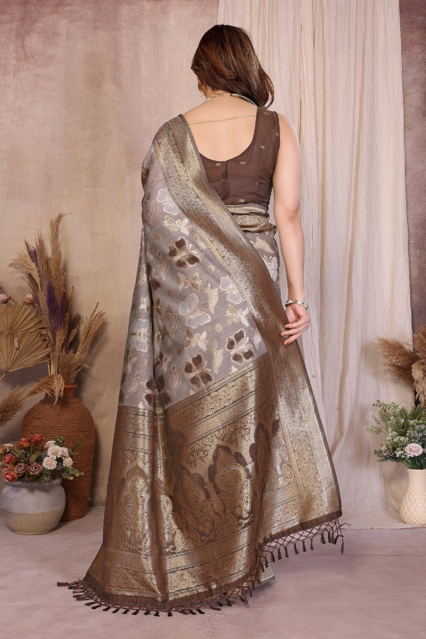 Brown Cotton Blend Jacquard Zari Saree