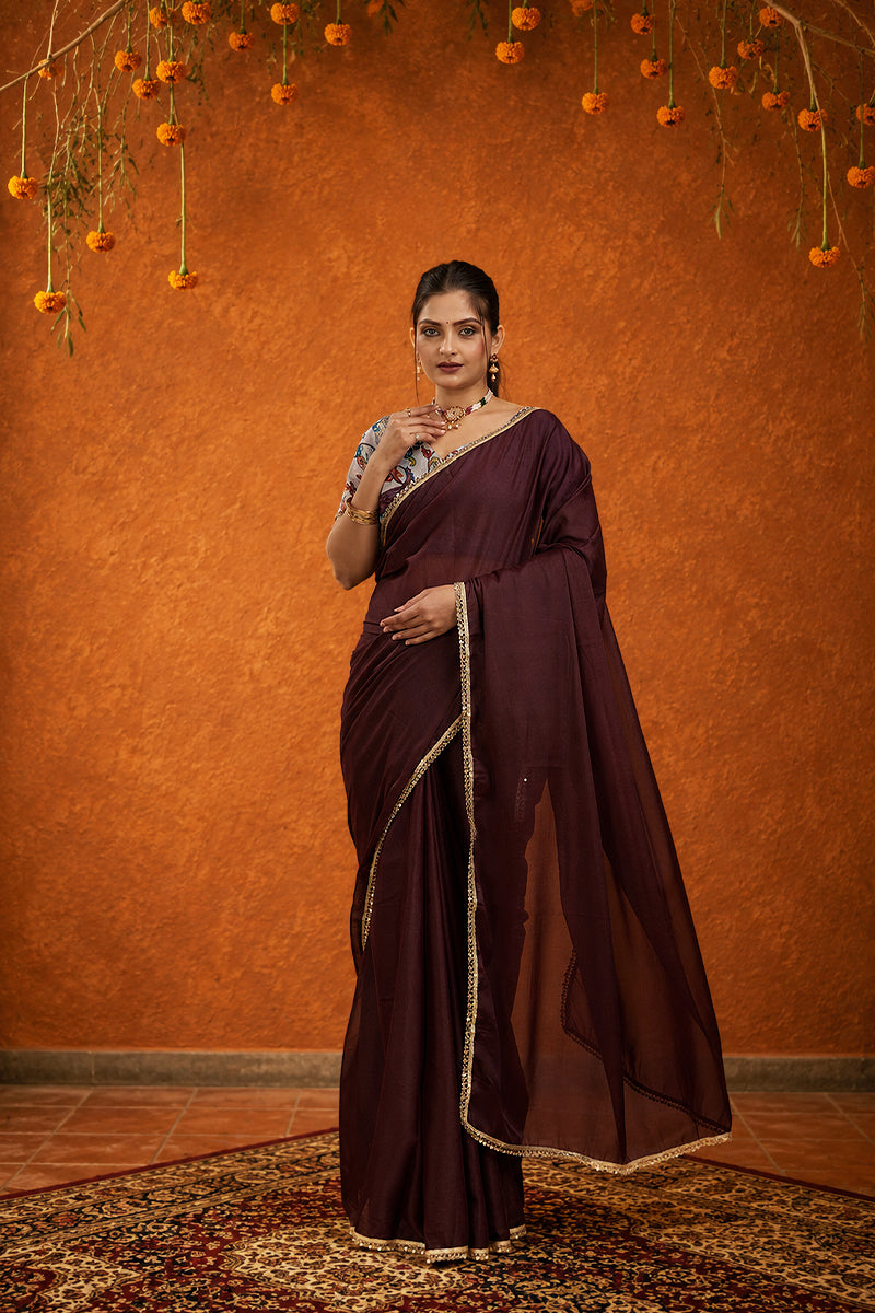 Brown Solid Plain Georgette Saree