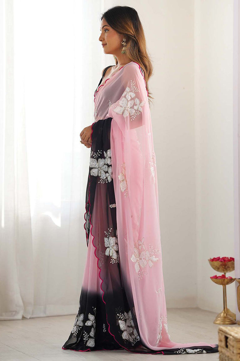 Baby Pink Embroidery Work Georgette Saree