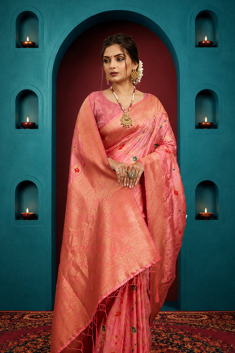 Baby Pink Pure Banarasi Khadi Silk Saree