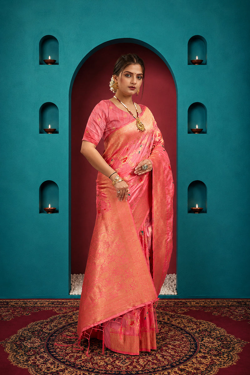 Baby Pink Pure Banarasi Khadi Silk Saree