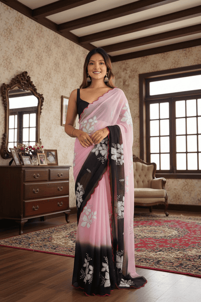 Baby Pink Embroidery Work Georgette Saree