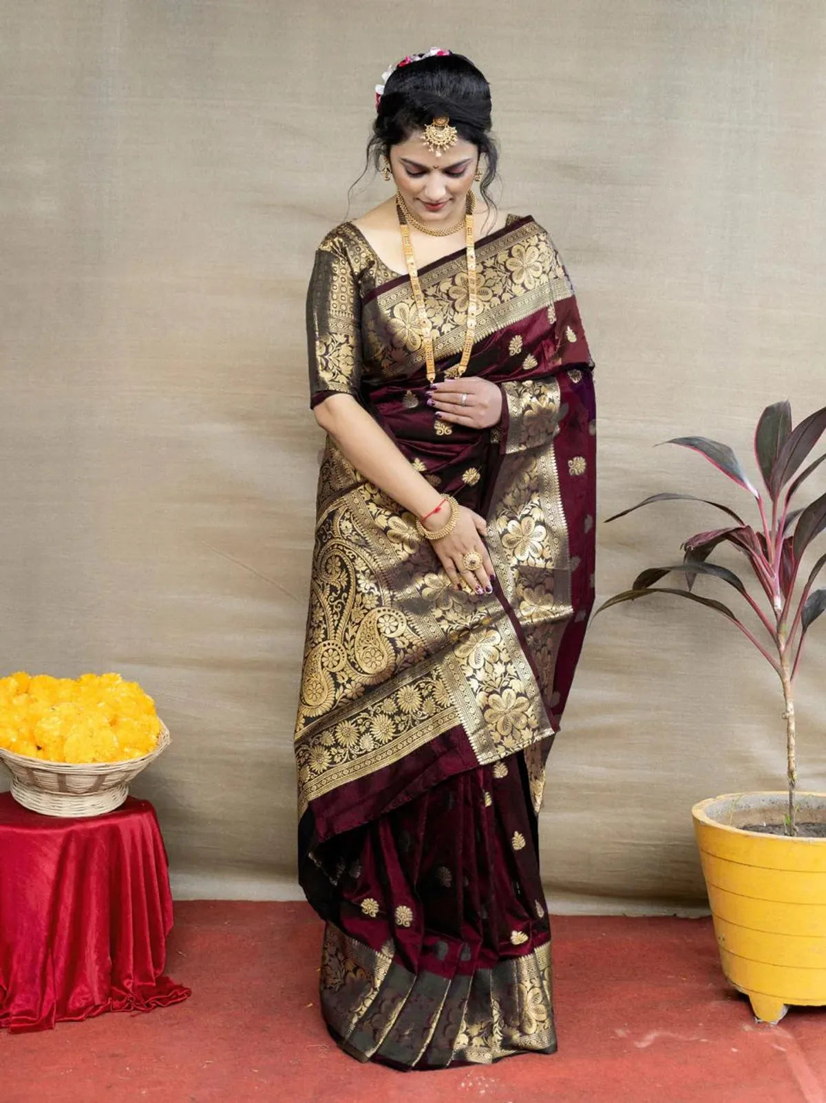 Maroon Woven Silk Blend Saree