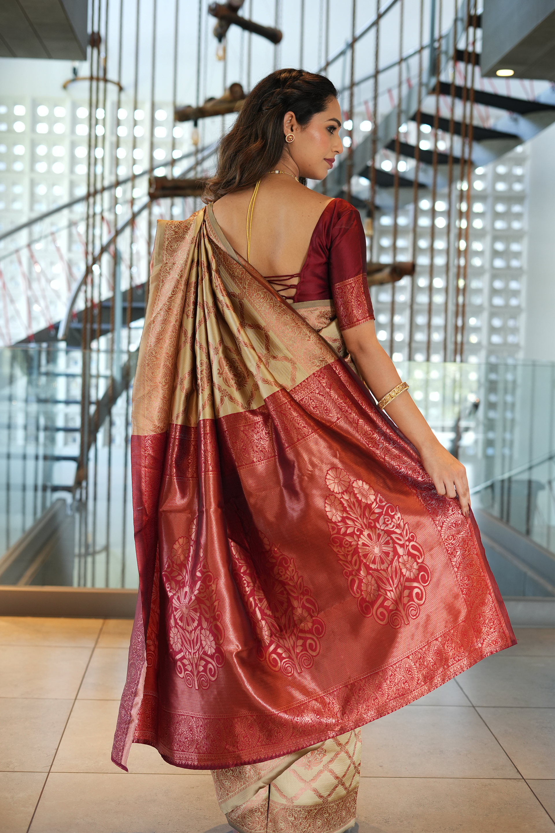 Beige Jhalar Silk Blend Saree