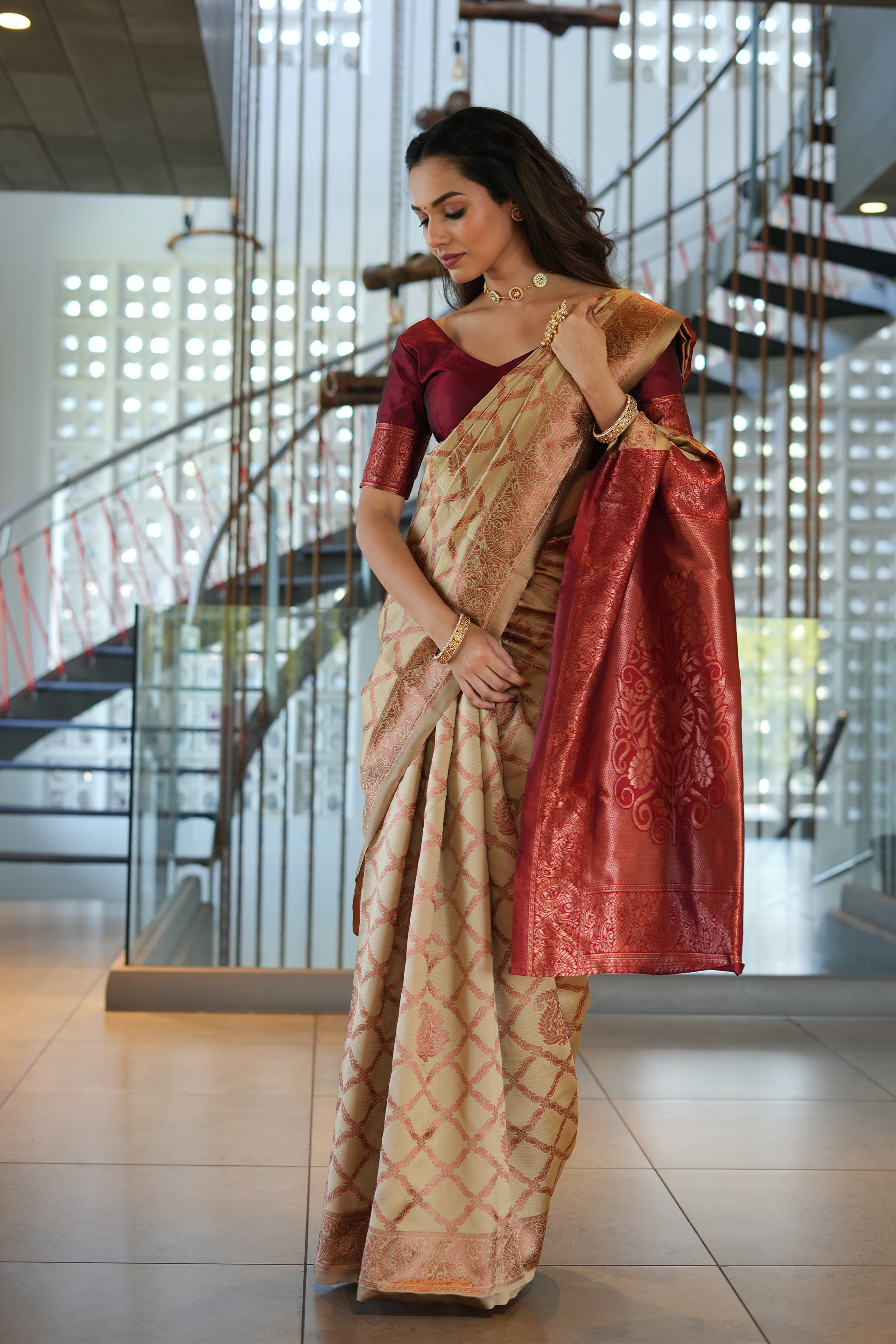 Beige Jhalar Silk Blend Saree