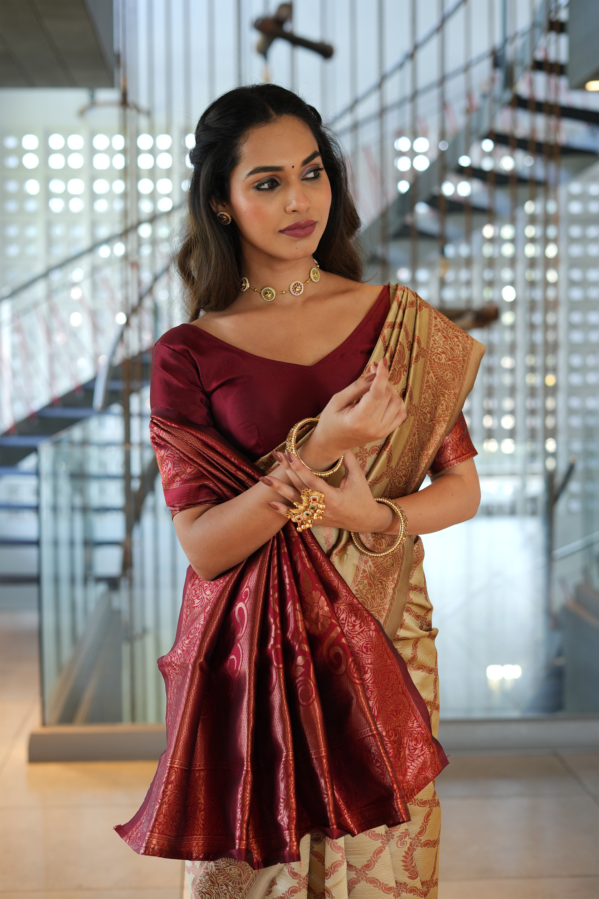 Beige Jhalar Silk Blend Saree