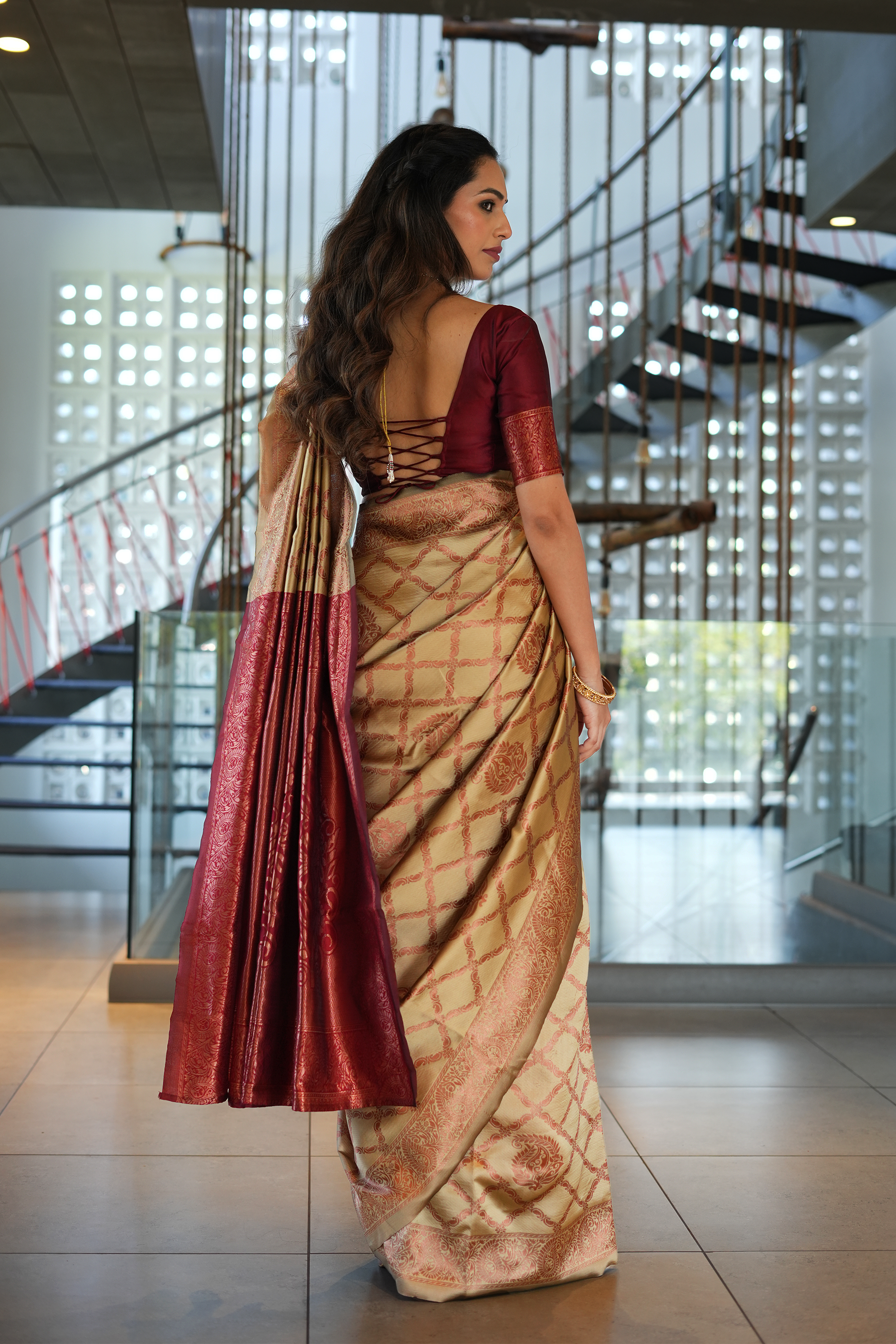 Beige Jhalar Silk Blend Saree