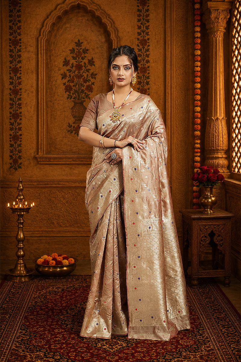 Beige Woven Banarasi Silk Saree