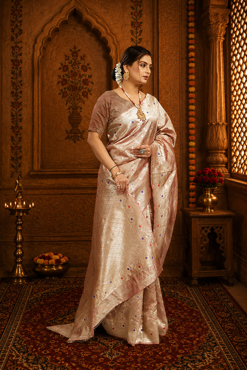 Beige Woven Banarasi Silk Saree