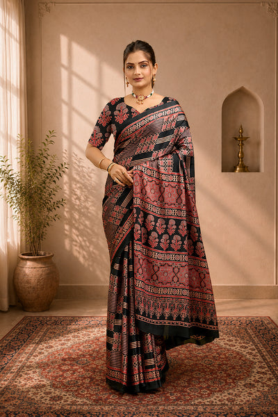 Black Ajrakh Semi Gaji Silk Saree