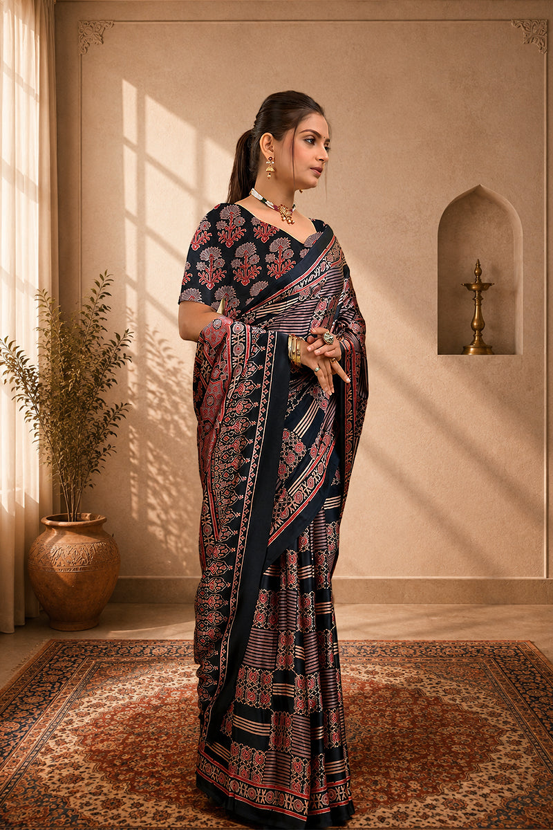 Black Ajrakh Semi Gaji Silk Saree