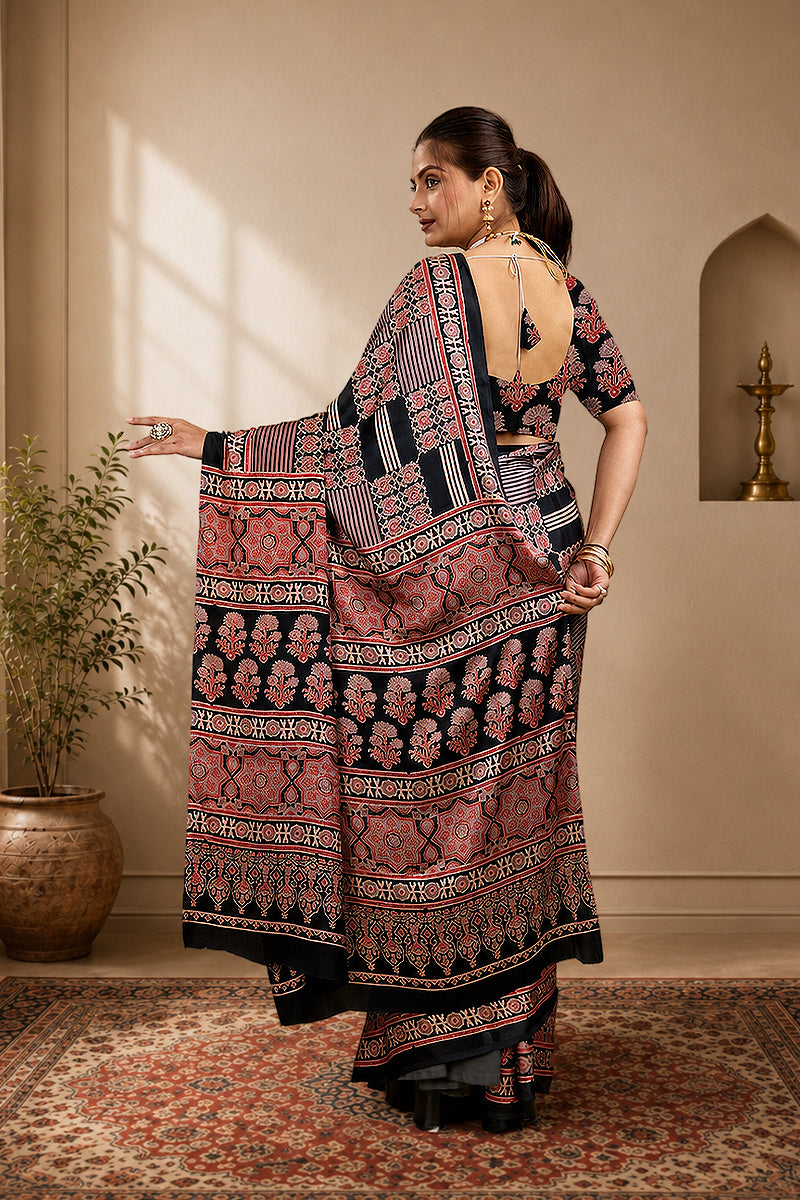 Black Ajrakh Semi Gaji Silk Saree