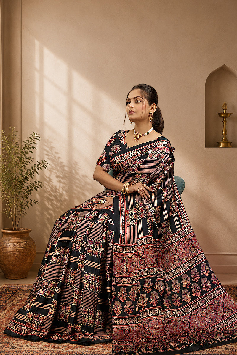 Black Ajrakh Semi Gaji Silk Saree